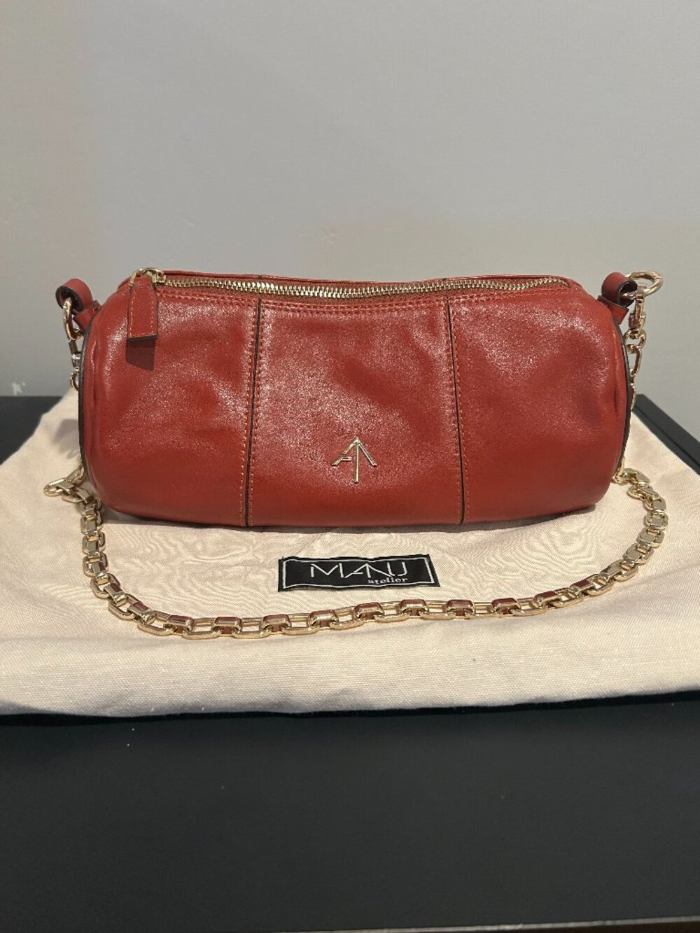 MANU Atelier Padded Cylinder Red Leather Bag Gold Chain + Dust Bag